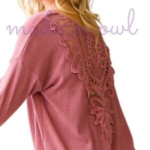 Crochet-Back Waffle Knit Long Sleeve Top Rose - XL/L/M/S NWT (W-526)